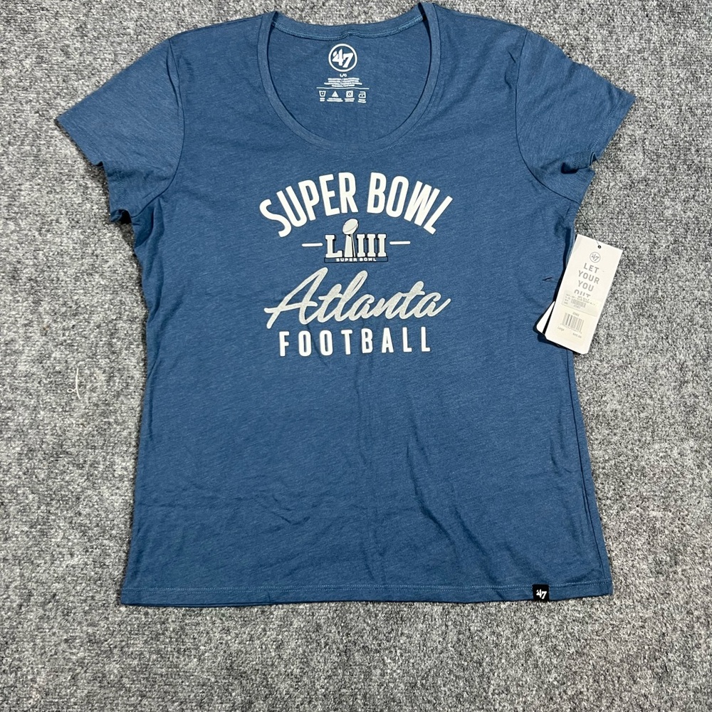 NWT Super Bowl Atlanta ‘47 grey blue  T-Shirt Woman’s Size Adult - L